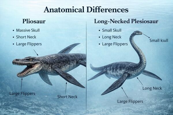 Anatomical differences between Pliosaurs and long-necked Plesiosaurs.